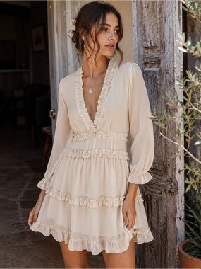 Fairycore Cottagecore Open Back Ruffle Mini Dress Cream Long Sleeve S